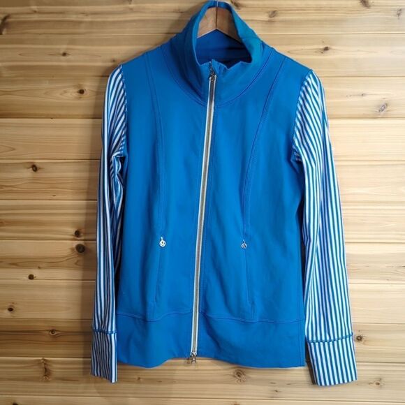 Lululemon Womens Jacket 8 Blue Daily Yoga Zip Front Athletic Jacket Striped - Picture 1 of 8